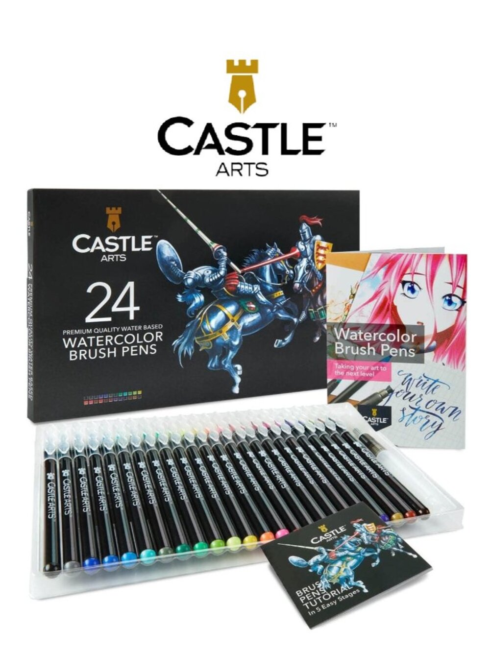 NEW 24 Castle Art Supplies Watercolor Brush Pens Set 24 Colors Flexible Nylon Ti